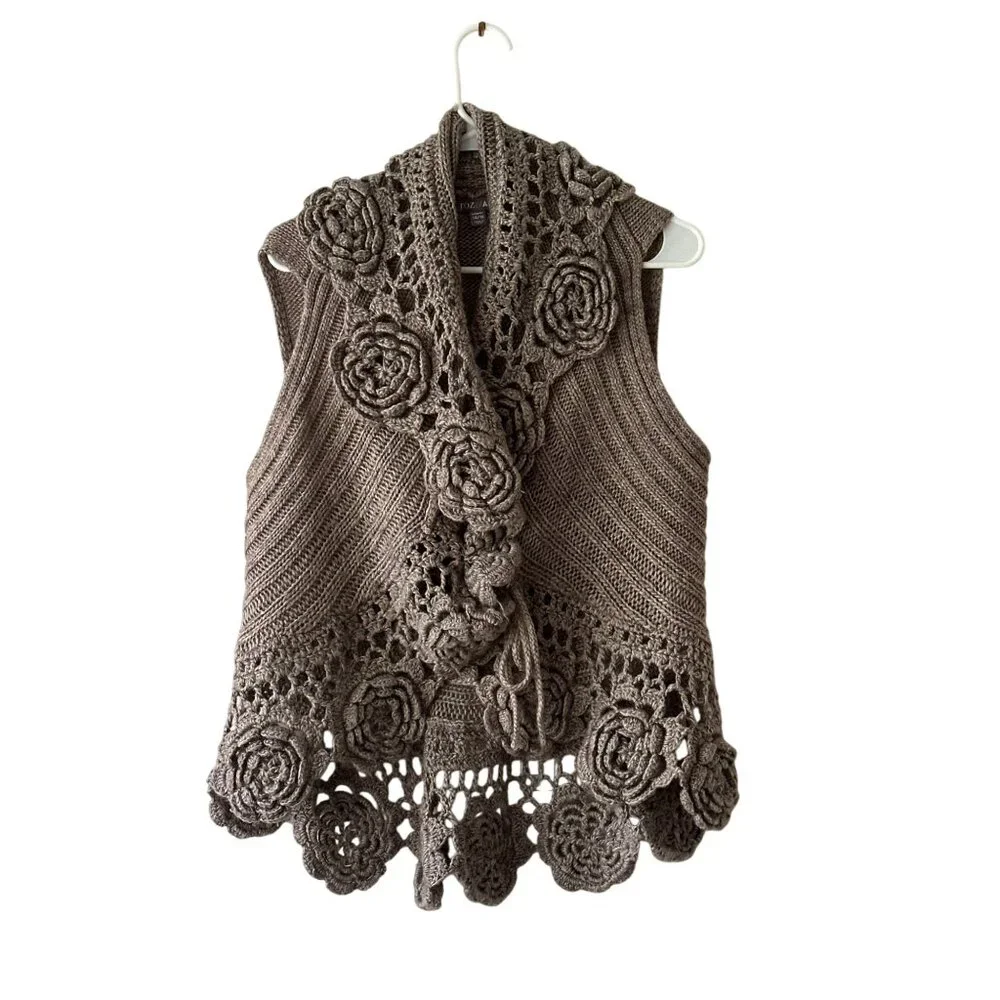 Roz & Ali Womens Crochet Knit Floral Vest 14/16 Wool Blend Sleeveless Open Front - Picture 8 of 10